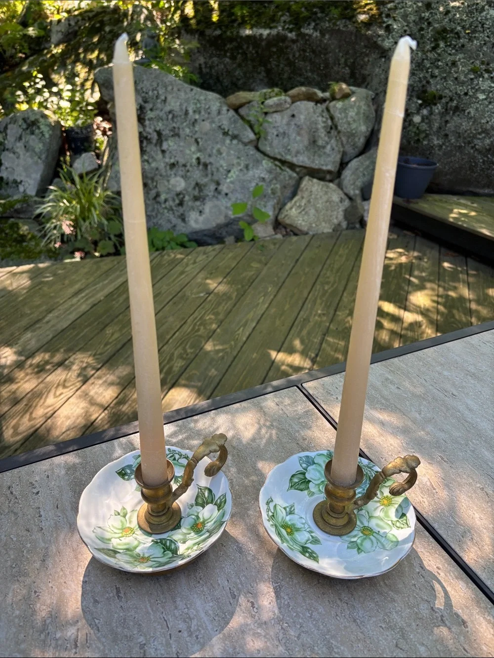 Porcelain Candle Holders with Green Floral Design and Brass Handles - Pair
